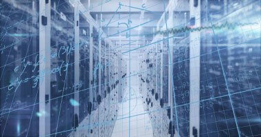 Merkezi veri merkezi koridorunu vurgulamak, sunucu raflarını ve dijital ızgara kaplamasını göstermek. Teknoloji, veri merkezi, ağ, altyapı, dijital, gelecekçi, otomasyon