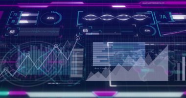 Dairesel ilerleme göstergesi ve çubuk grafiğiyle birlikte kontrol ekranında fütüristik gösterge paneli gösteriliyor. Teknoloji, analitik, görselleştirme, bilim kurgu, arayüz, siber, yenilik