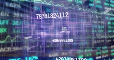 Ticaret merkezindeki veri akışı yüzen sayılar, hisse senetleri, grafik eğrileri ve 3D ızgaraları gösteriyor. Fütüristik, dijital, soyut, teknoloji, yenilik, finans, sürükleyici