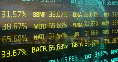 Sayısal küre, şebeke ve ufuk çizgisi ile ticaret paneli üzerinde kalp sembolleri ve yüzdeleri gösteriliyor. Teknoloji, finans, fütüristik, veri, analitik, yenilik, dijital