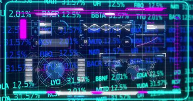 Sanal arayüzde holografik veriler gösteriliyor, haritalar yüzdeleri dalgalandırıyor. Fütürist, dijital, görselleştirme, analitik, dalgın, arayüz, neon