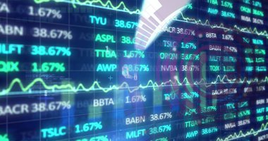 Piyasa verileri ticaret masasında gösteriliyor, kalp atışları, yüzde rakamları ve radyal üstüste bindirme ile. Finans, teknoloji, analitik, dijital, yatırım, ticaret, yenilik