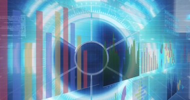 Sanal alana yansıyan radyal grafik, çubuk ve çizgi grafikleri ve sayısal paneller ile görselleştiriliyor. Teknoloji, analitik, fütürizm, dijital, veri, yenilik, dalgın