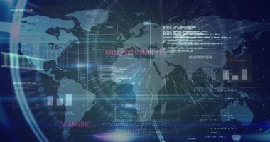 Kod üstüste gelen dünya haritaları, çubuk çizelgeleri, kılavuz çizgileri, tarayıcı durum etiketleri ekranda gösteriliyor. Teknoloji, veri görselleştirme, dijital, fütüristik, arayüz, analiz, siber güvenlik