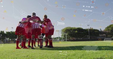 Futbol topu ve gol ağıyla çimen sahada kırmızı forma giyen sekiz futbolcuyu bir araya getirmek. Sporcular, takım çalışması, sportmenlik, açık hava, canlı, dostluk, rekabet