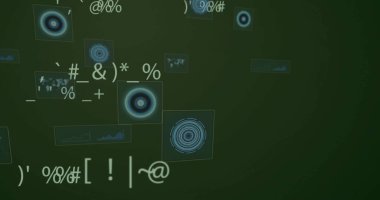 Veri gösterge panelinde çizgi çizelgesi ve kod sembolleriyle mavi radyal grafik gösteren yüzen parçacık. Fütürist, dijital, teknoloji, arayüz, veri, analiz, ui