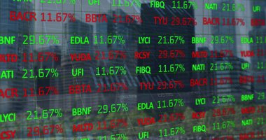 Finansal bölge ufuk çizgisini yansıtan cam dış görünüş ile kaplayan dijital hisse senedi gösterimi. Fütürist, kentsel, kurumsal, teknoloji, finans, modern, şık