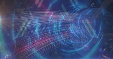 İkili kod, ağ simgeleri ve kopyalama alanı ile parlayan küreye veri akışı sağlanıyor. Gelecekçi, siber güvenlik, dijital, teknoloji, bağlantı, soyut, yenilik