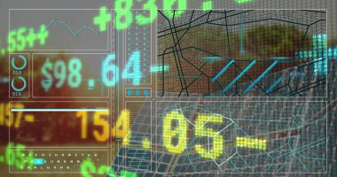 Kontrol odası ekranında paneller, göstergeler, haritalar ve dolar değerleriyle gösteriliyor. Gelecek, teknoloji, arayüz, analitik, görselleştirme, veri, siber