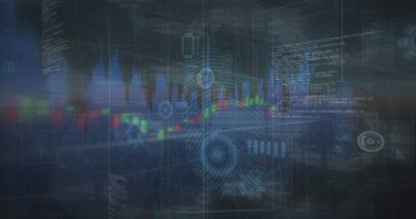 Sanal gösterge panelinde, şamdan çizelgesi parmak izi taraması ve kod pencereleri ile veri gösteriliyor. Fütüristik, analitik, arayüz, görselleştirme, dijital, teknolojik, sürükleyici