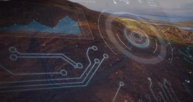 Devre çizgileri soldan canlandırıldığında, radar arayüzü grafiksel görselleştirme verisi ile titreşiyor. Teknoloji, dijital, soyut, minimalist, izleme, ağ, görselleştirme