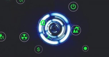 Yeşil simgeler yörüngede dönerken ve gözlem için parlarken sinyal halkaları arayüzden yayılıyor. Gelecek, veri, arayüz, teknoloji, görselleştirme, analiz, kontrol