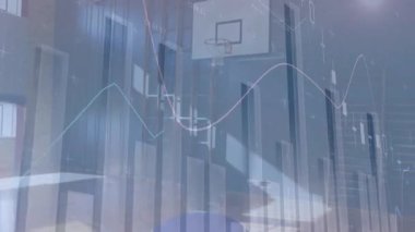 Yetişkin oyuncu basketbol atışı yapıyor, finans istatistikleri yükseliyor spor salonunda momentum gösteriyor. Spor, finans, görselleştirme, veri, performans, fitness, analitik