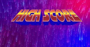 3D yüksek skor metninde kayboluyor. Altına dönüşüyor ve neon çizgilerin üzerinde parlıyor. Oyun zaferini kutluyor. Ufuk, neon, parıltı, zafer, başarı, dijital, fütüristik