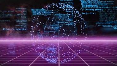 Titreşen magenta parıltısı başlangıç küresi dönüyor, Java Python C kodu soluklaşıyor kod akışı gösteriliyor. Fütürist, dijital, soyut, teknoloji, neon, dinamik, kavramsal