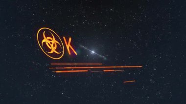 Veri çubuğu taraması biyolojik tehlike sembolünün kaybolmasına neden oluyor. Acil durum metni darbelerinin harekete geçmesini talep ediyor. Uyarı, uyarı, teknoloji, arayüz, gelecekçilik, dijital, holografik