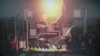 Müzisyen sürgülü kol ve döner konsol düğmesi ses karışımı ve devre grafikleri nabız şekillendirirken. Teknoloji, müzik, yenilik, şehir, fütüristik, arayüz, yaratıcı
