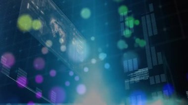 Sürüklenen bokeh ışıkları kod gösteren panelleri çalıştırıyor, 3 boyutlu Dünya 'yı döndürüyor ve verileri haritalıyor. Fütürist, sürükleyici, teknoloji, veri, görselleştirme, holografik, dijital