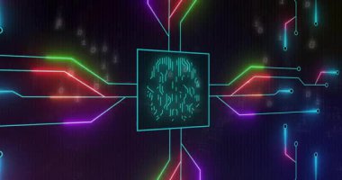 Çift haneli basamaklar, cyan kare üreten neon devre izleri oluşturarak, titreşen beyin kalıpları oluşturuyor. Teknoloji, yenilik, siber, fütüristik, dijital alarm, veri, sinirsel