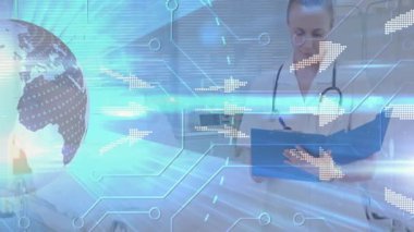 3D Dünya 'dan yayılan oklar klinikteki hasta dosyalarını not ediyor. Küresel, teknoloji, yenilik, sağlık, dijital, geleceksel, analiz