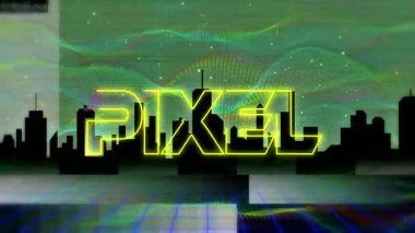 Neon PIXEL harfleri siyah siluet üzerinde titreşiyor, kırmızı tarama hattını süpürüyor, kurdele sallıyor. Neon, dijital, fütüristik, siber, soyut, teknolojik, canlı