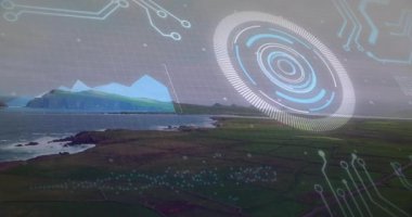 Holografik arayüzün ortaya çıkması grafik oluşumuna ve verileri gösteren araziyi kaplayan örüntülere neden oluyor. Teknoloji, görselleştirme, veri, dijital, fütüristik, yenilik, bilim