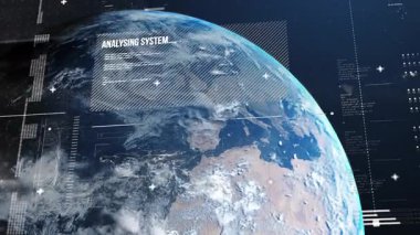 Dünya 'nın dönüşümlü taraması, sürgülü paneller, kod gösterimi, sistem analizi için çubuklar ile başlıyor. Fütürist, teknoloji, uzay, analitik, coğrafi, arayüz, dijital