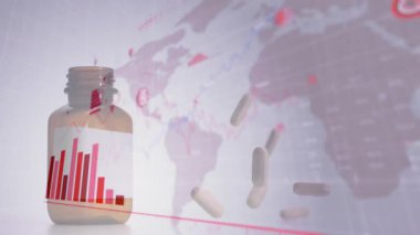 Kırmızı bar çizelgesi başlatılıyor, kapaklar yüzüyor, harita simgeleri veri eğilimlerini gösteriyor. Sağlık, analitik, veri görselleştirme, ilaç, teknoloji, yenilik, sağlık