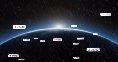 Dünya 'yı aydınlatan güneş ufku düşen veri çizgileriyle sürüklenen uyarı pankartlarına neden oluyor. Yabancılaşma, gelecekçilik, teknoloji, dijital, görselleştirme, evren, yenilik