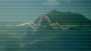 İki saniyelik durağan dalgalanma çizgilerinin ardından veri dalgalanmalarını taşıyan yükselen tepe ve yalaklar gelişiyor. Soyut, görselleştirme, dinginlik, veri, uyum, yansıma, teknoloji