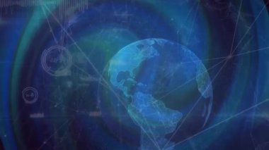 Holografik 3 boyutlu Dünya küresini maddeleşerek batıya doğru dönen titreşim halkaları veri akışını görselleştiriyor. Futuristik, teknoloji, küresel, dijital, soyut, yenilik, ağ