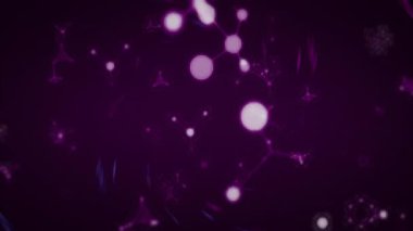 Pembe mavi kurdelelerle sürüklenen parlak kürelerin girdap oluşturduğunu gösteren açık mor alan. Fütürist, soyut, dijital, canlı, kozmik, dinamik, geometrik