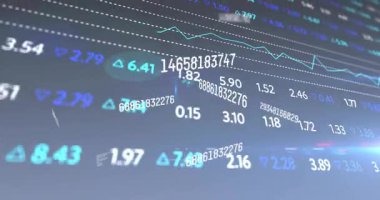 Yük yüzen sayısal kimliklerde oklarla yer değiştiren, piyasa eğilimlerini gösteren kaydırmalı döşeme çizelgesi. Teknoloji, analitik, görselleştirme, finans, veri, algoritma, hareket