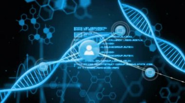 DNA sarmalları, kod bloklarını birleştiren iplikleri ve simgeleri hedef alarak soluyor. Profilleri görselleştiriyor. Gelecek, bağlantı, siber, teknoloji, ağ, veri, soyut
