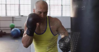 Erkek sporcu spor salonuna giriyor ve veri grafikleri izleme fitness hareketiyle boks yapıyor. Sporcu, fitness, antrenman, egzersiz, güç, hareket, spor