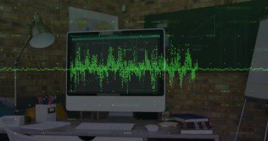 Neon yeşil dalga formu ses sinyali yükseldiğinde ekranda beliriyor, verileri gösteren kayan tepeler. Teknoloji, veri, dijital, yenilik, modern, çalışma alanı, analitik