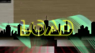 Siyah şehrin ufuk çizgisinde, şebeke, dalga, tarama hattıyla birlikte neon yükünü gösteriyor. Fütürist, siber punk, dijital, soyut, enerjik, teknoloji, kentsel