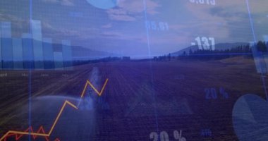 Düz dizayn ızgarası görünüyor, çizelgeler saha üzerinde canlanıyor, çizgiler yukarı doğru zikzak çiziyor ve verim artışını gösteriyor. Tarım, veri, görselleştirme, grafik, büyüme, kırsal, analitik