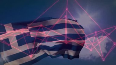 Hafif esinti Yunan bayrağını dalgalandırırken pembe ağ güneş altında kıvrılmaya uyum sağlıyor. Vatanseverlik, teknoloji, bağlantı, dijital, yenilik, manzara, hareket