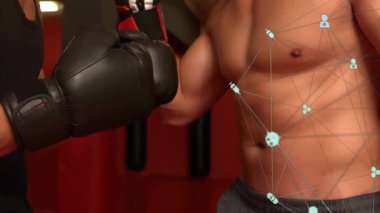 Odaklanma eldiveni eğitmeni, yumruk, iniş kancası ve vücut resmi fırlatıyor. Sağlık simgeleriyle eğitim için. Atletizm, güç, fitness, dövüş, eğitim, kararlılık, motivasyon