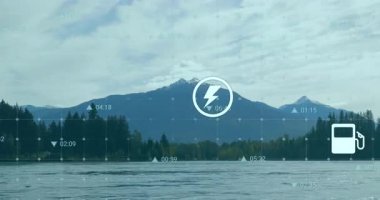 Sağda görünen simgeler, zaman damgalı ızgarada sola kayarak göl üzerinde zaman çizgisi olaylarını gösteriyor. Teknoloji, yenilik, veri görselleştirme, dijital, çevresel, doğal, dinginlik