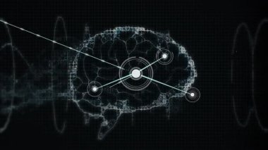 Çekirdek düğümü, beyin şekli oluştukça oluşan ızgara dalgası başlatılıyor, düğümler ağı birbirine bağlıyor. Gelecek, teknoloji, bağlantı, sinir, dijital, soyut, yenilik