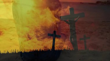 Ateşli bulut örtüsü siluetin ortaya çıkmasına neden oluyor. Sonra bir kadın eğitim için haçlara bakıyor. Spiritüellik, yansıma, tefekkür, dinginlik, alacakaranlık, sembolizm, sükunet