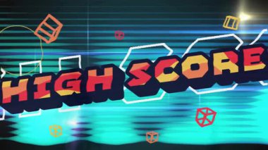 Cyan çubukları arıza yaratırken 3D küp yüksek skor ölçeğinde metin ölçeklendirme kutlaması yapıyor. Fütürist, dijital, geometrik, dinamik, canlı, soyut, neon