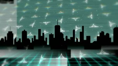 Başlangıçta ufuk çizgisi silueti, üçgen parçacık tarama hatları arızalarıyla neon ızgarada titreşiyor. Fütürist, siber punk, soyut, dijital, neon, teknoloji, matris