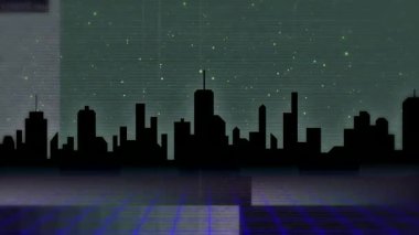 Şebeke zemininde yükselen siyah şehir silueti, yanıp sönen yeşil tarama çizgileri. Kentsel, siber punk, fütüristik, dijital, soyut, neon, teknoloji