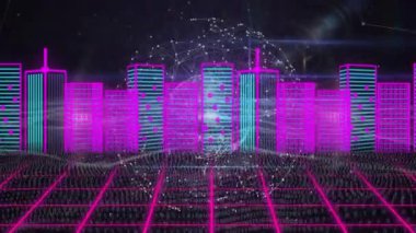 Tarama ızgarası neon ufuk çizgisinin yükselmesini tetikler, ikili kod girdabı ve küresel dönerek ağı gösterir. Fütürist, dijital, siber, teknoloji, neon, yenilik, ağ