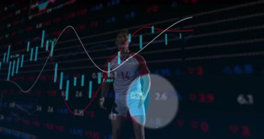 Ağırlık değiştirmek ve ayak kaldırmak, futbolcu topu kontrol ederken finans çizelgeleri canlandırmak. Sporcu, yenilikçi, dinamik, gelecekçi, rekabetçi, teknoloji, hareket