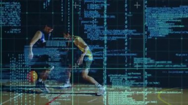 #16 oyuncu analitik kaplamayla rakip sürücüyü geçiyor ve şuta doğru sıçrıyor. Spor, rekabet, atletizm, dijital, yenilik, performans, eğitim