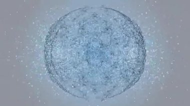 Dönen kablo küresi kulak memelerine çarpıyor dalgaları vuruyor ve veri akışını gösteren noktalara dönüşüyor. Fütürist, dijital, soyut, teknoloji, ağ, görselleştirme, hareket